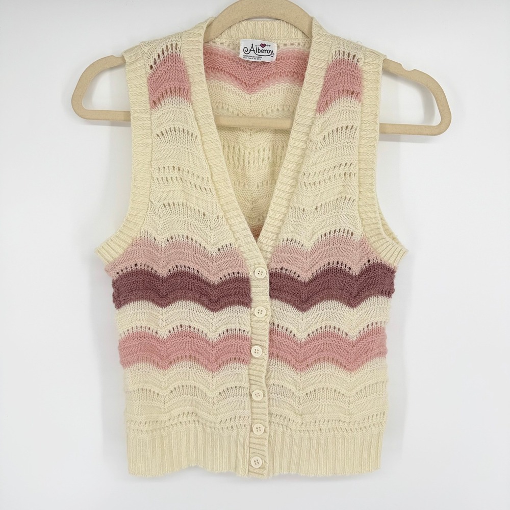Vintage Grandmacore Chevron Knit Pointelle Sweater Vest Women Small Cream Pink